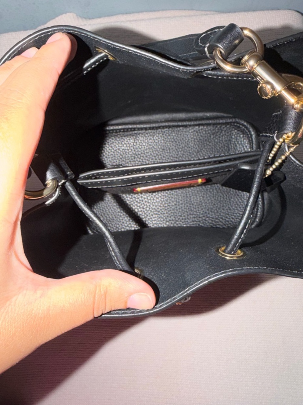 Black Leather Drawstring Bucket Bag - Picture 5 of 5
